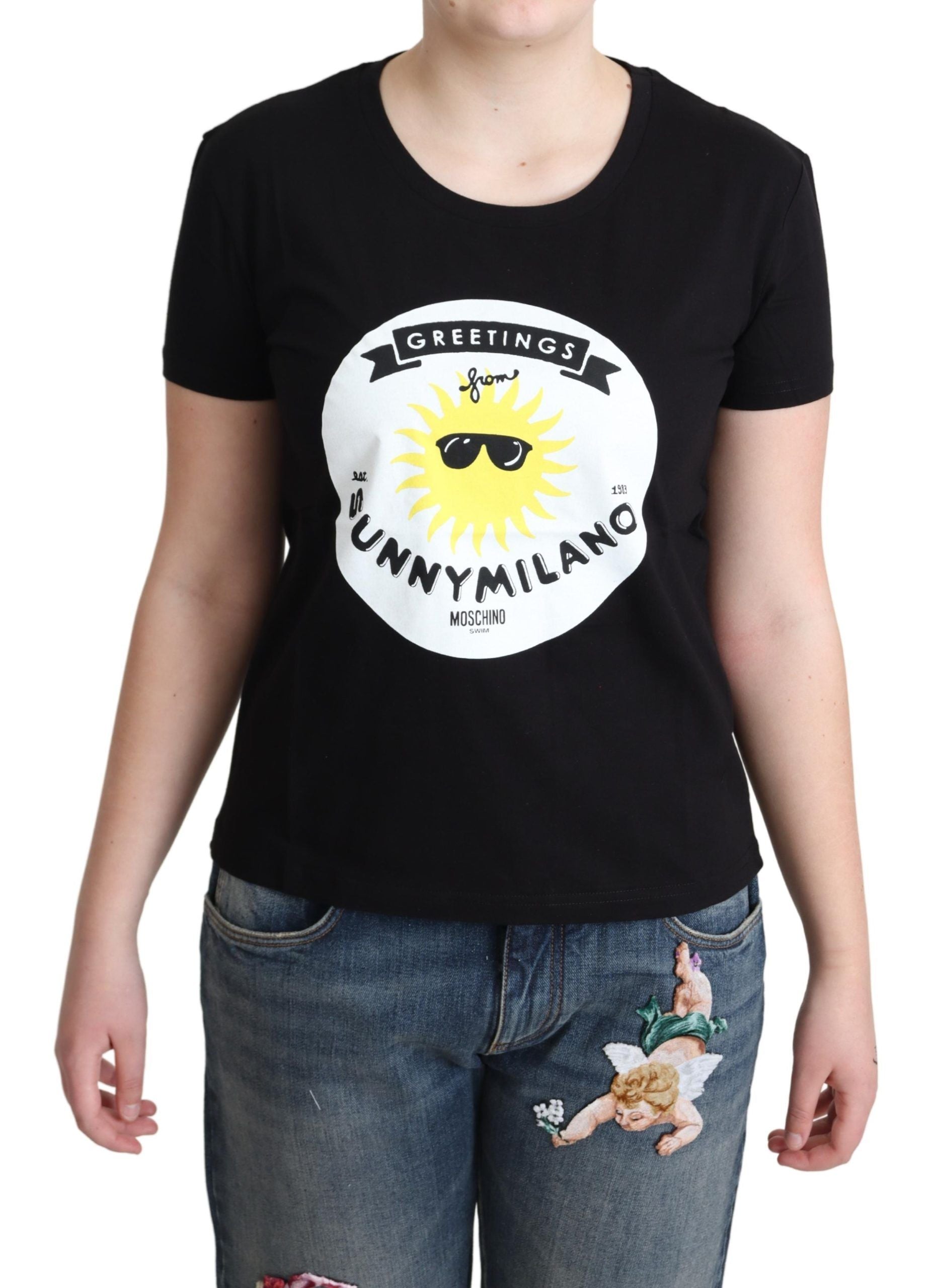 Moschino Black Cotton Sunny Milano Print T-shirt $513.00 Moschino Luzworld