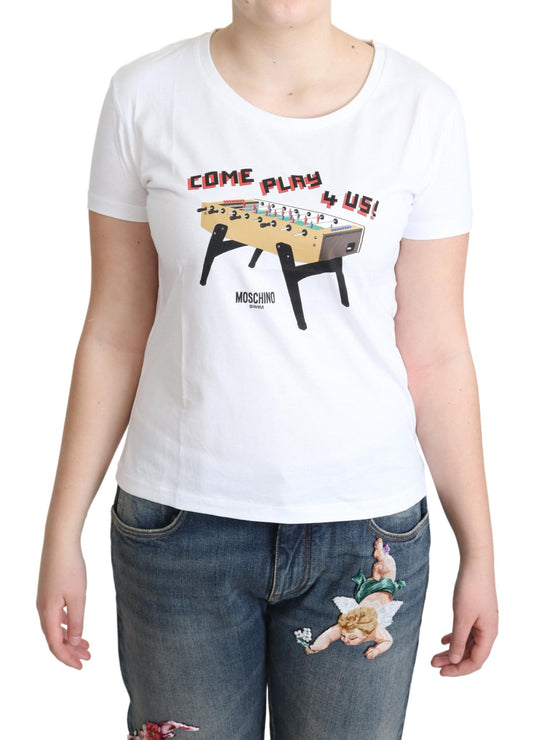 Moschino White Cotton Come Play 4 Us Print Tops T-shirt $513.00 Moschino Luzworld