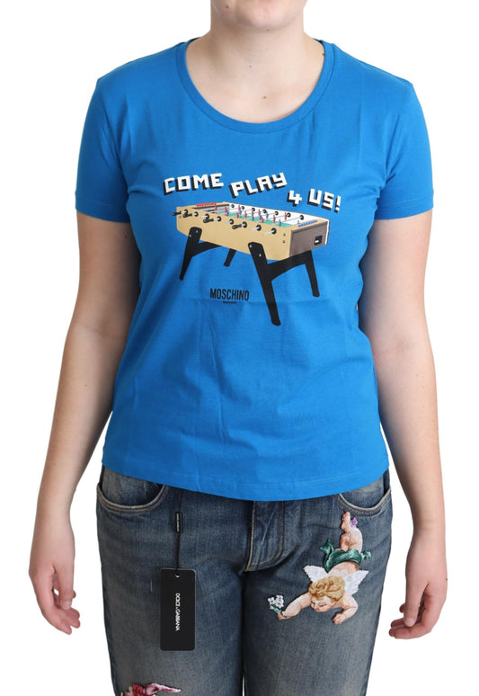 Moschino Blue Cotton Come Play 4 Us Print T-shirt $513.00 Moschino Luzworld