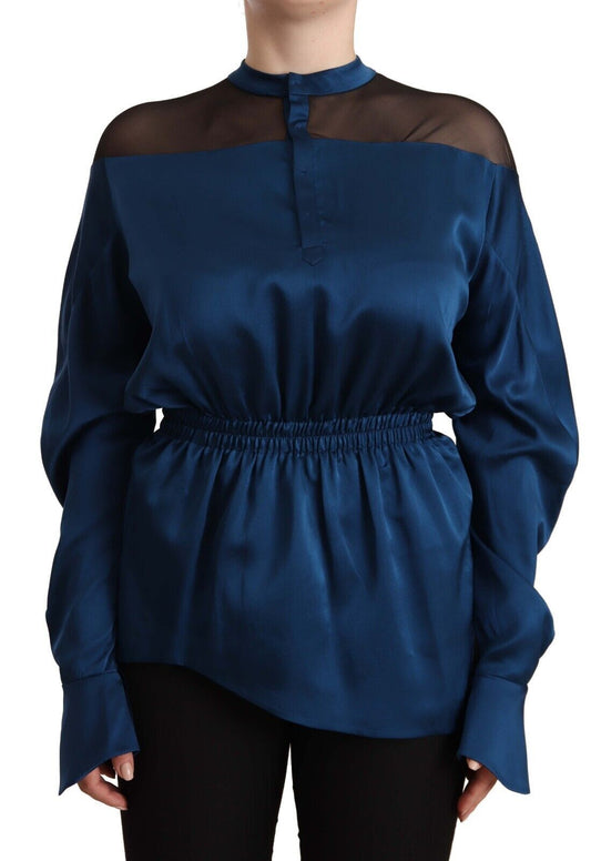 Masha Ma Blue Silk Long Sleeves Elastic Waist Top Blouse $935.00 Masha Ma Luzworld