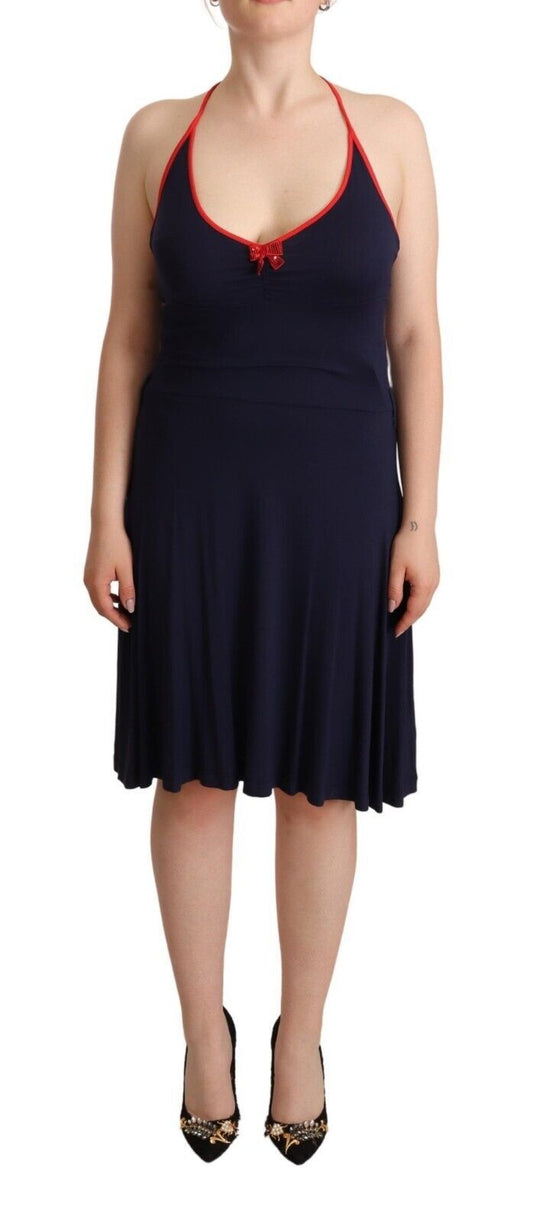 Roccobarocco Navy Blue Sleeveless Halter Sheath Midi Dress $738.00 Roccobarocco Luzworld