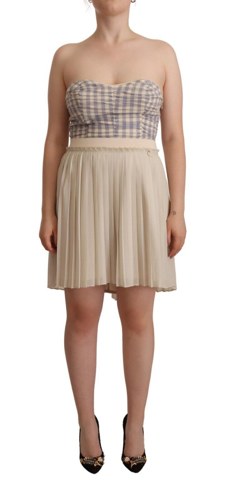 Guess Beige Checkered Pleated A-line Strapless Bustier Dress $611.00 Guess Luzworld