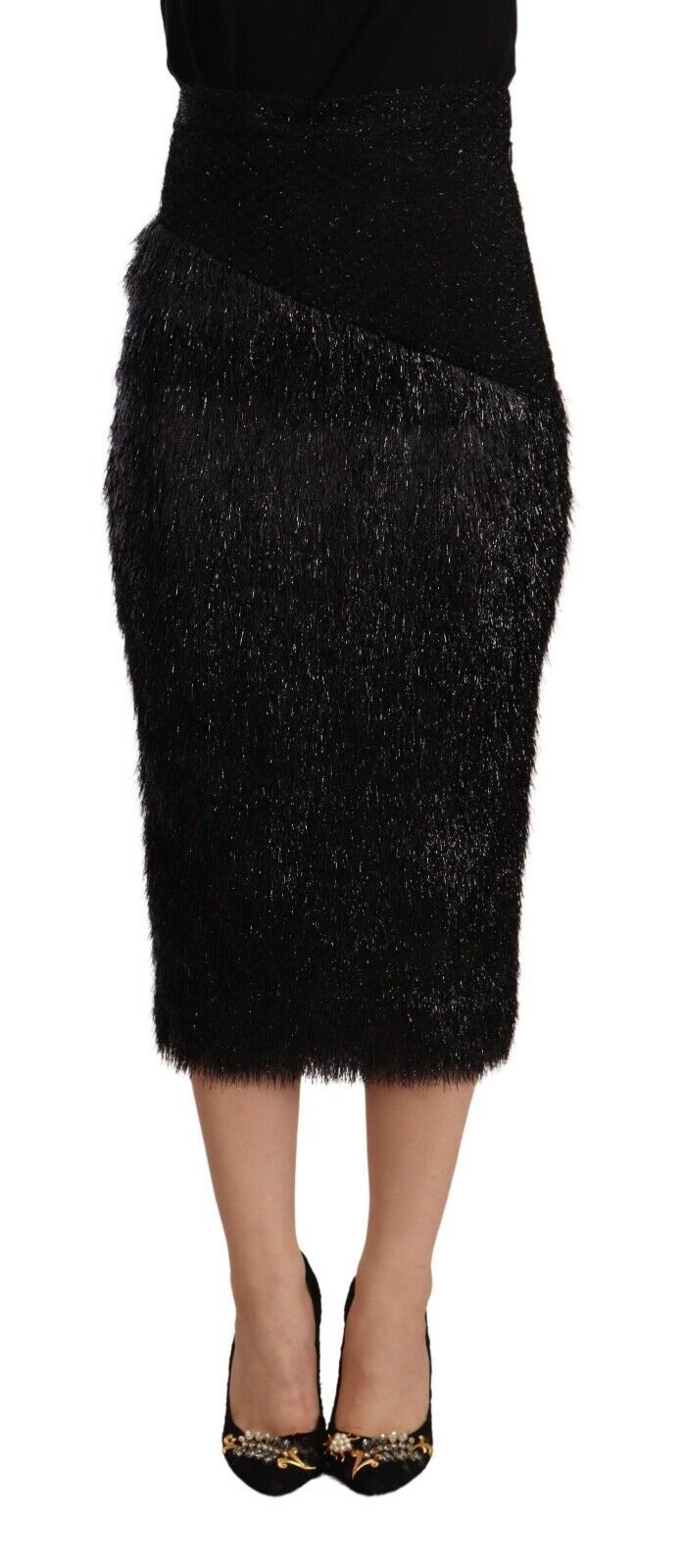 Masha Ma Black Tinsel High Waist Pencil Midi Viscose Skirt $935.00 Masha Ma Luzworld