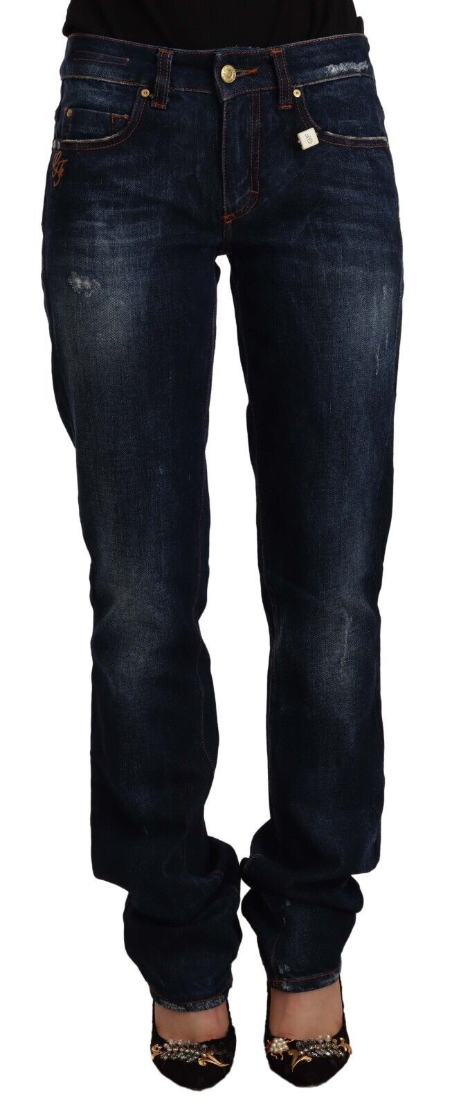 GF Ferre Dark Blue Washed Mid Waist Cotton Denim Straight Jeans $611.00 GF Ferre Luzworld