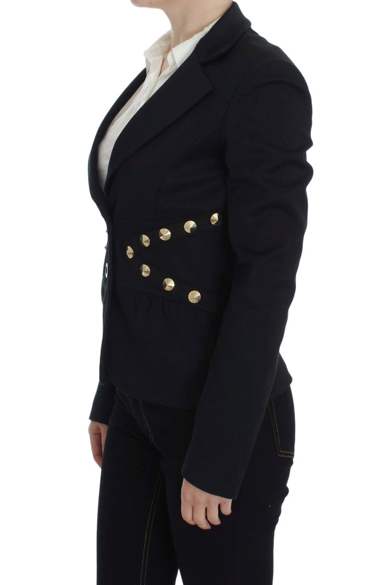 Exte Black Cotton Stretch Gold Studded Blazer Jacket $1267.00 Exte Luzworld