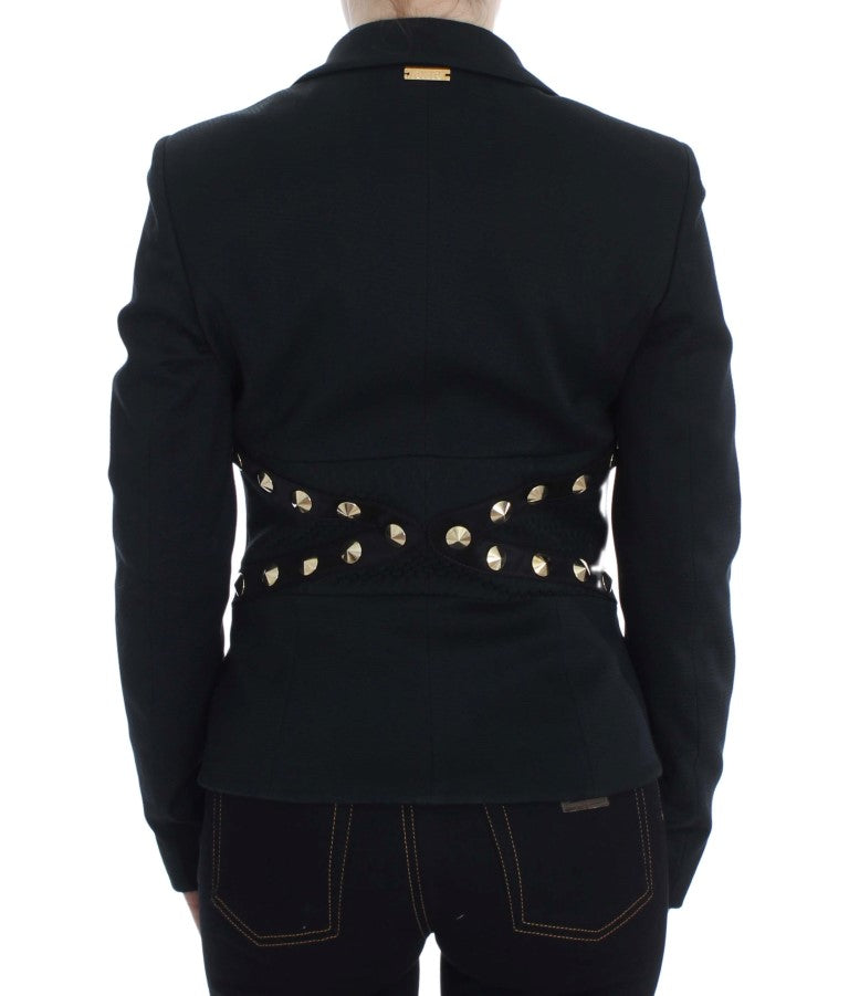 Exte Black Cotton Stretch Gold Studded Blazer Jacket $1267.00 Exte Luzworld