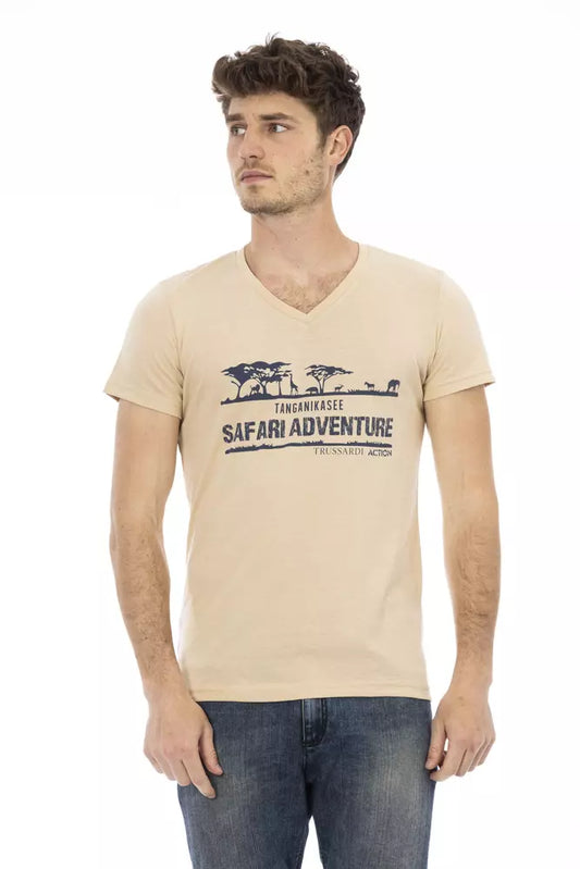 Trussardi Action Beige Cotton Men V-Neck T-Shirt