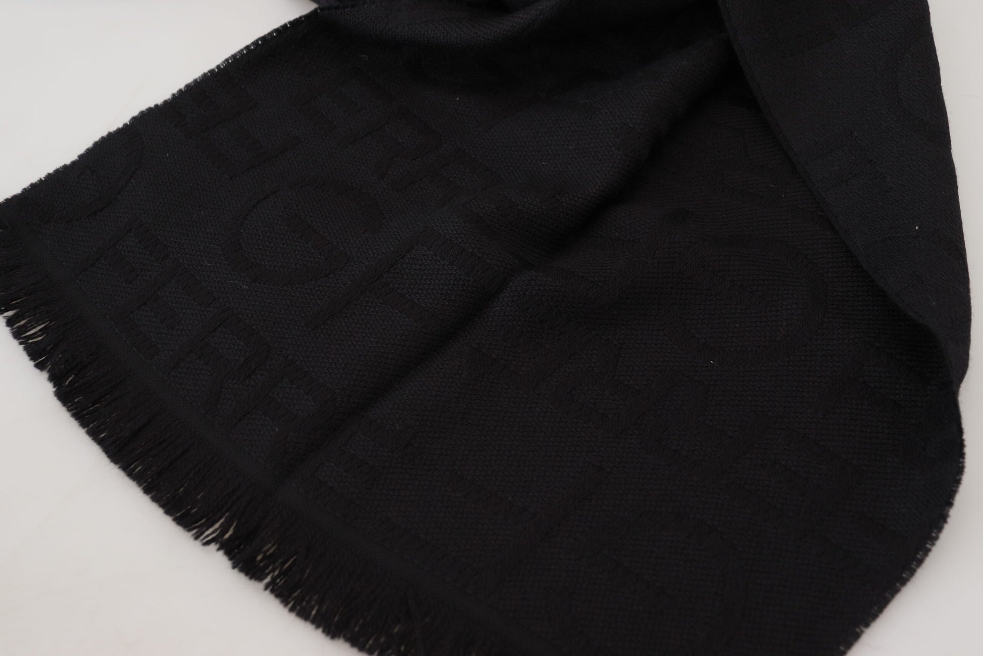 GF Ferre Black Wool Neck Wrap Shawl Fringes Scarf $501.00 GF Ferre Luzworld