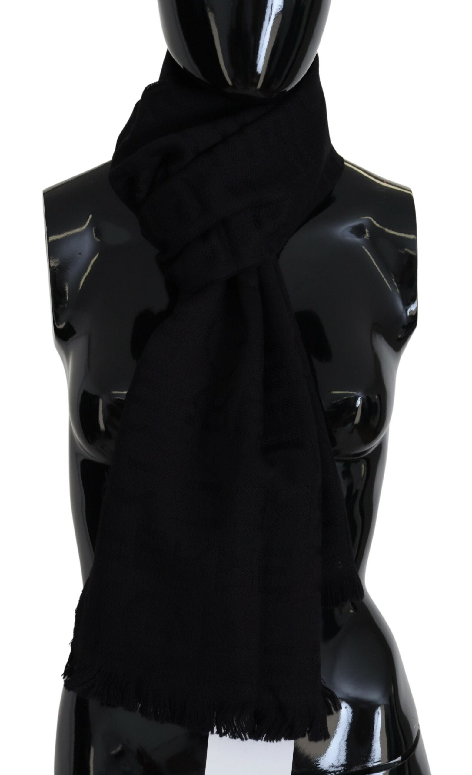 GF Ferre Black Wool Neck Wrap Shawl Fringes Scarf $501.00 GF Ferre Luzworld