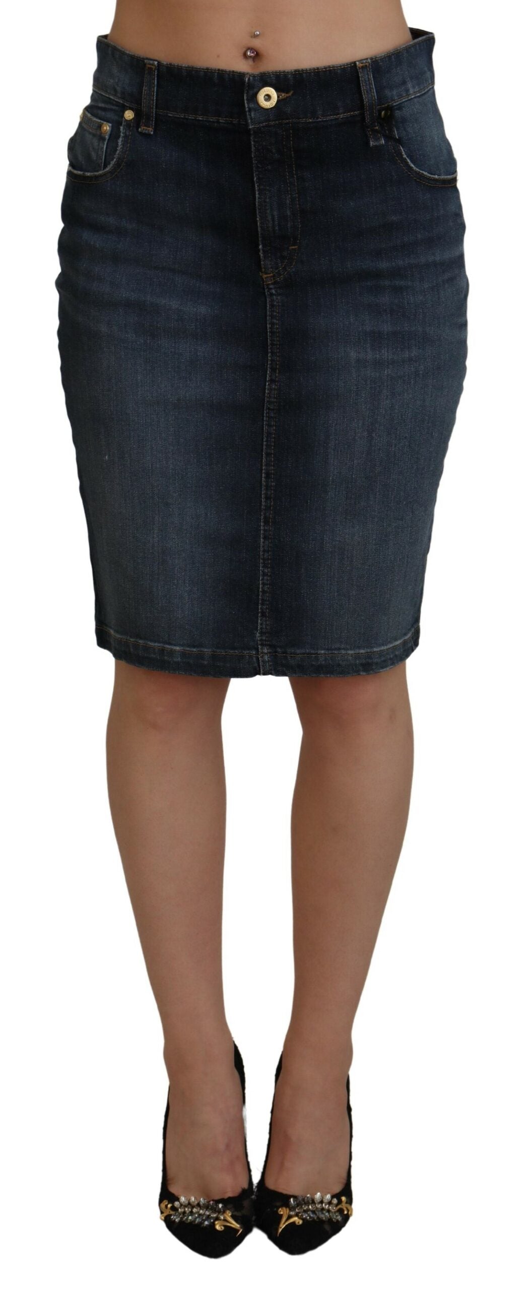 Fiorucci Dark Blue Washed Mid Waist Pencil Cut Denim Skirt $605.00 Fiorucci Luzworld