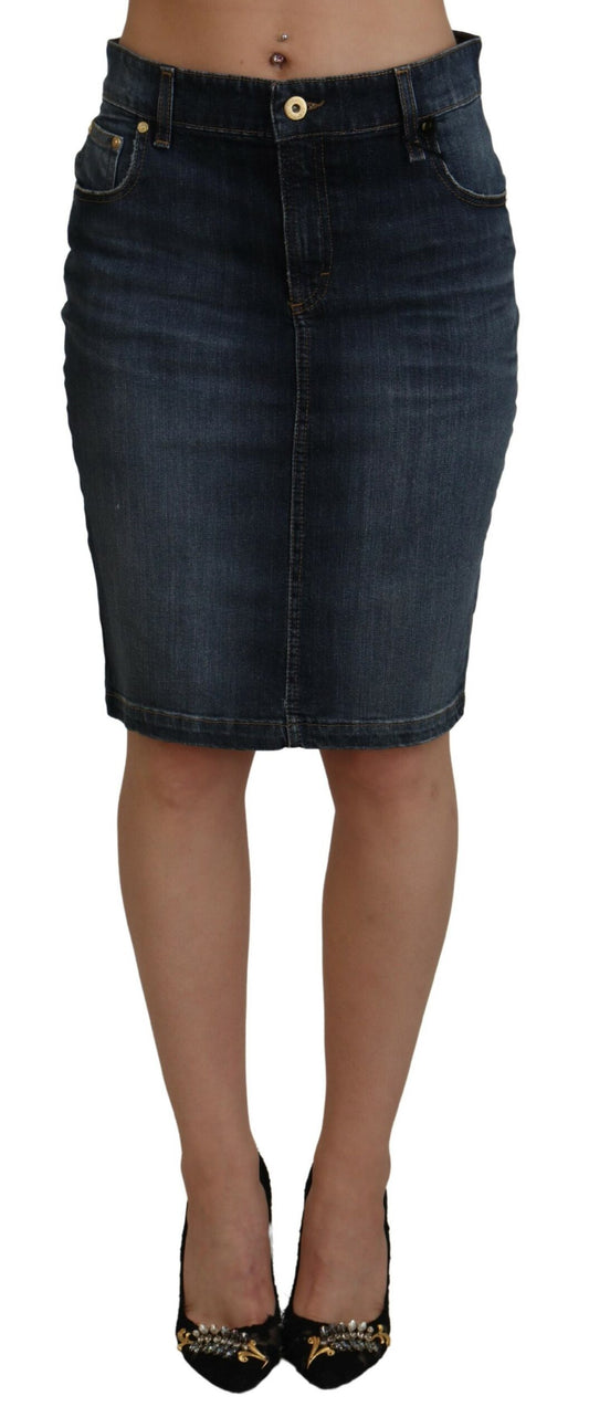 Fiorucci Dark Blue Washed Mid Waist Pencil Cut Denim Skirt $605.00 Fiorucci Luzworld