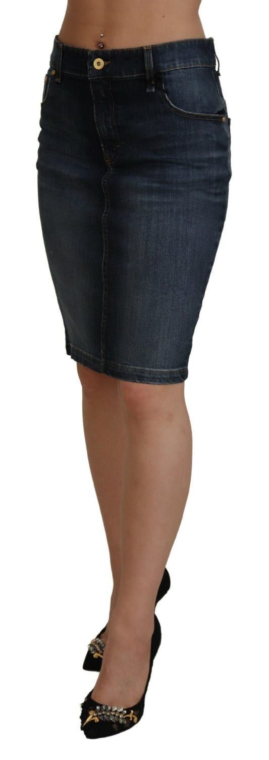 Fiorucci Dark Blue Washed Mid Waist Pencil Cut Denim Skirt $605.00 Fiorucci Luzworld