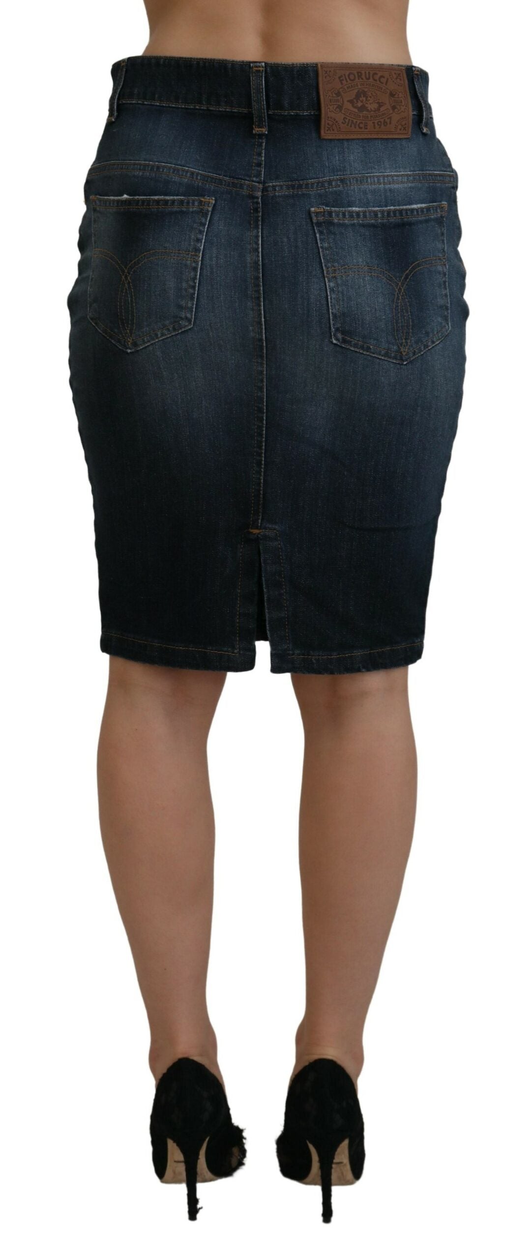 Fiorucci Dark Blue Washed Mid Waist Pencil Cut Denim Skirt $605.00 Fiorucci Luzworld