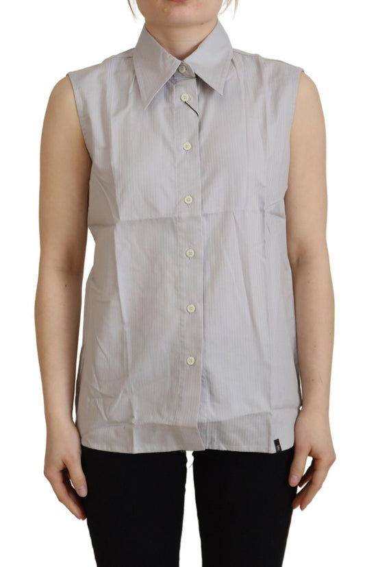 Ferre Light Gray Stripes Cotton Sleeveless Collared Top $532.00 Ferre Luzworld