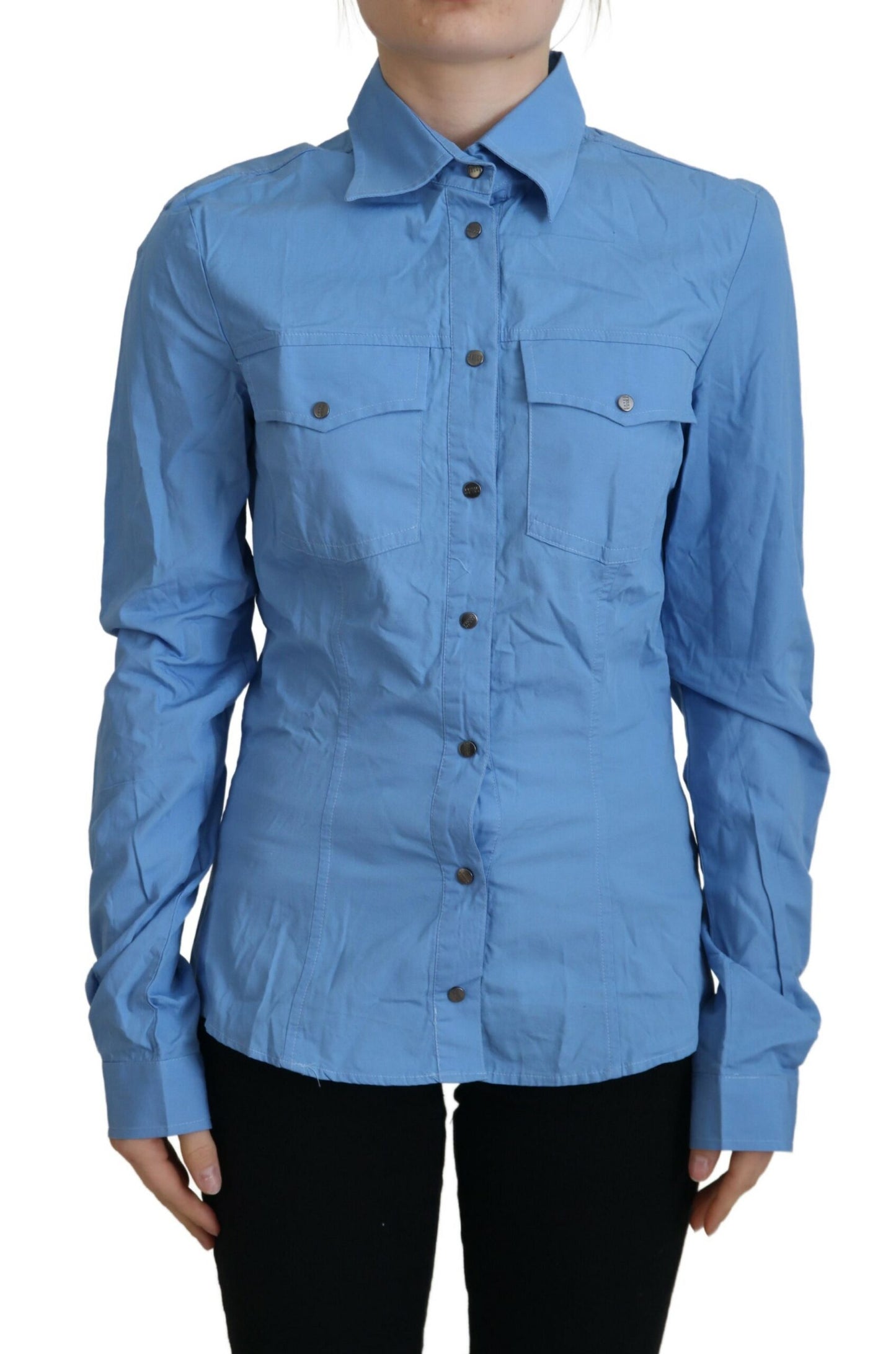 Ferre Blue Cotton Long Sleeves Collared Button Down Top $559.00 Ferre Luzworld