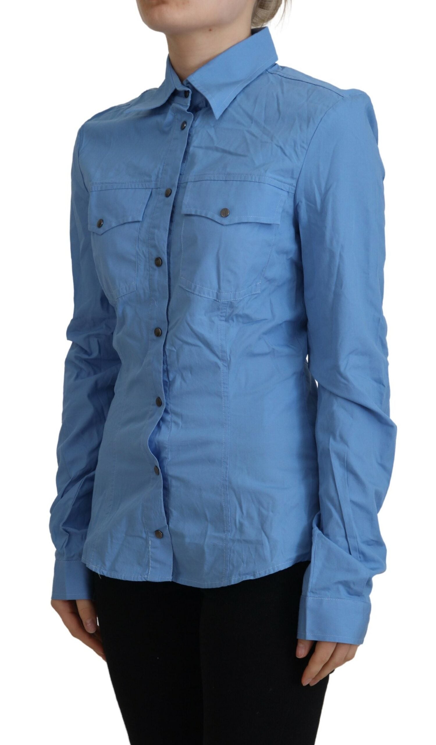 Ferre Blue Cotton Long Sleeves Collared Button Down Top $559.00 Ferre Luzworld
