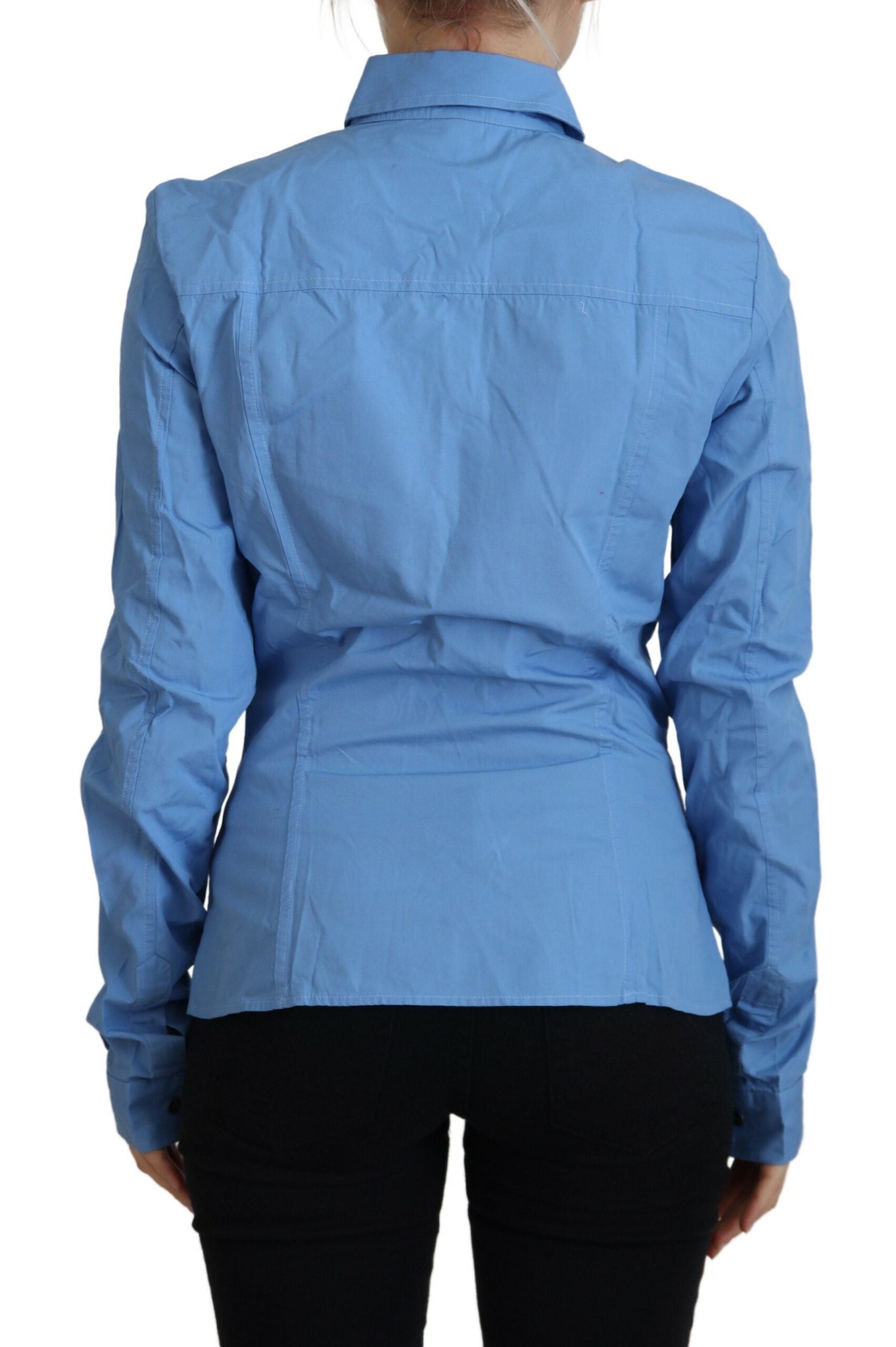 Ferre Blue Cotton Long Sleeves Collared Button Down Top $559.00 Ferre Luzworld