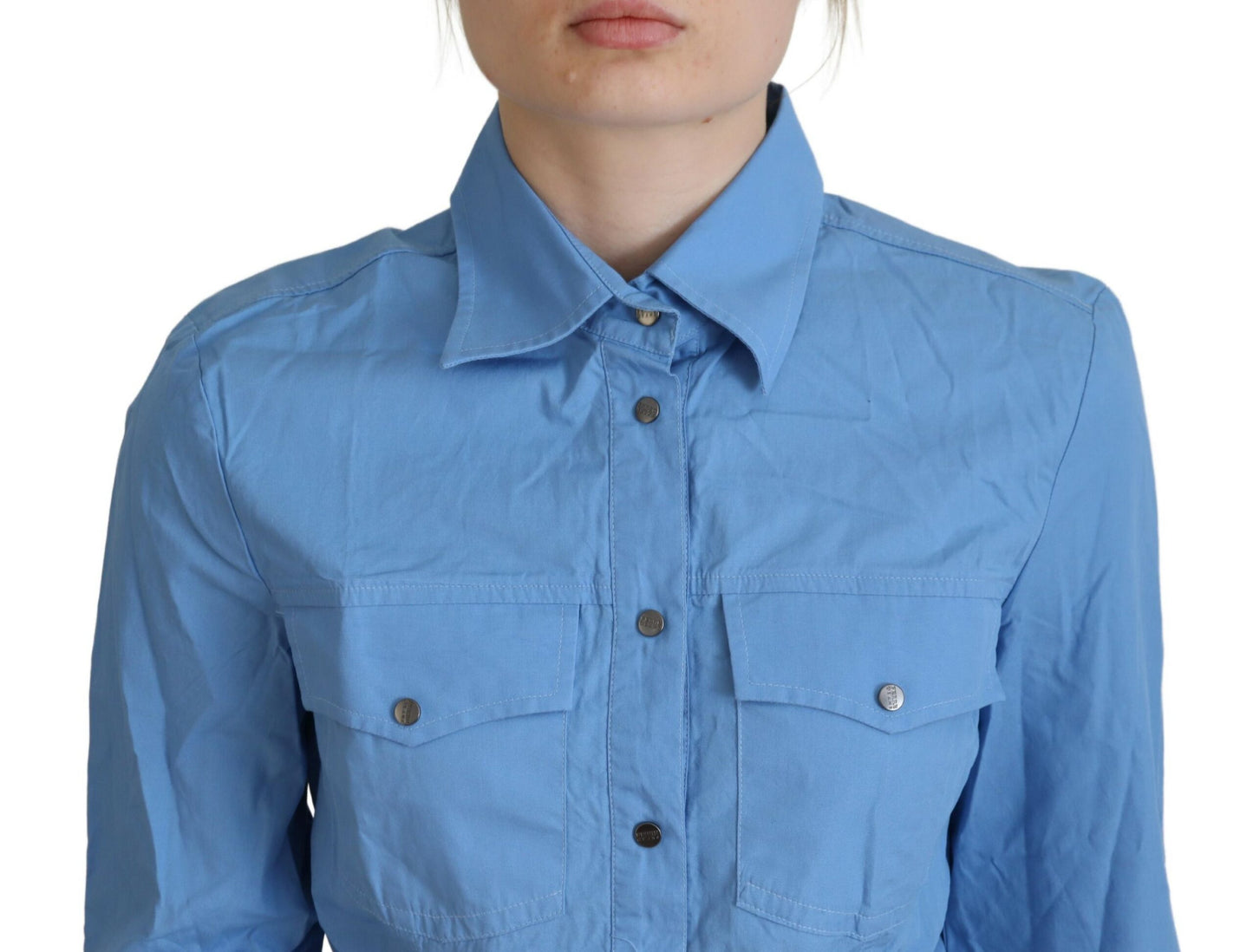 Ferre Blue Cotton Long Sleeves Collared Button Down Top $559.00 Ferre Luzworld