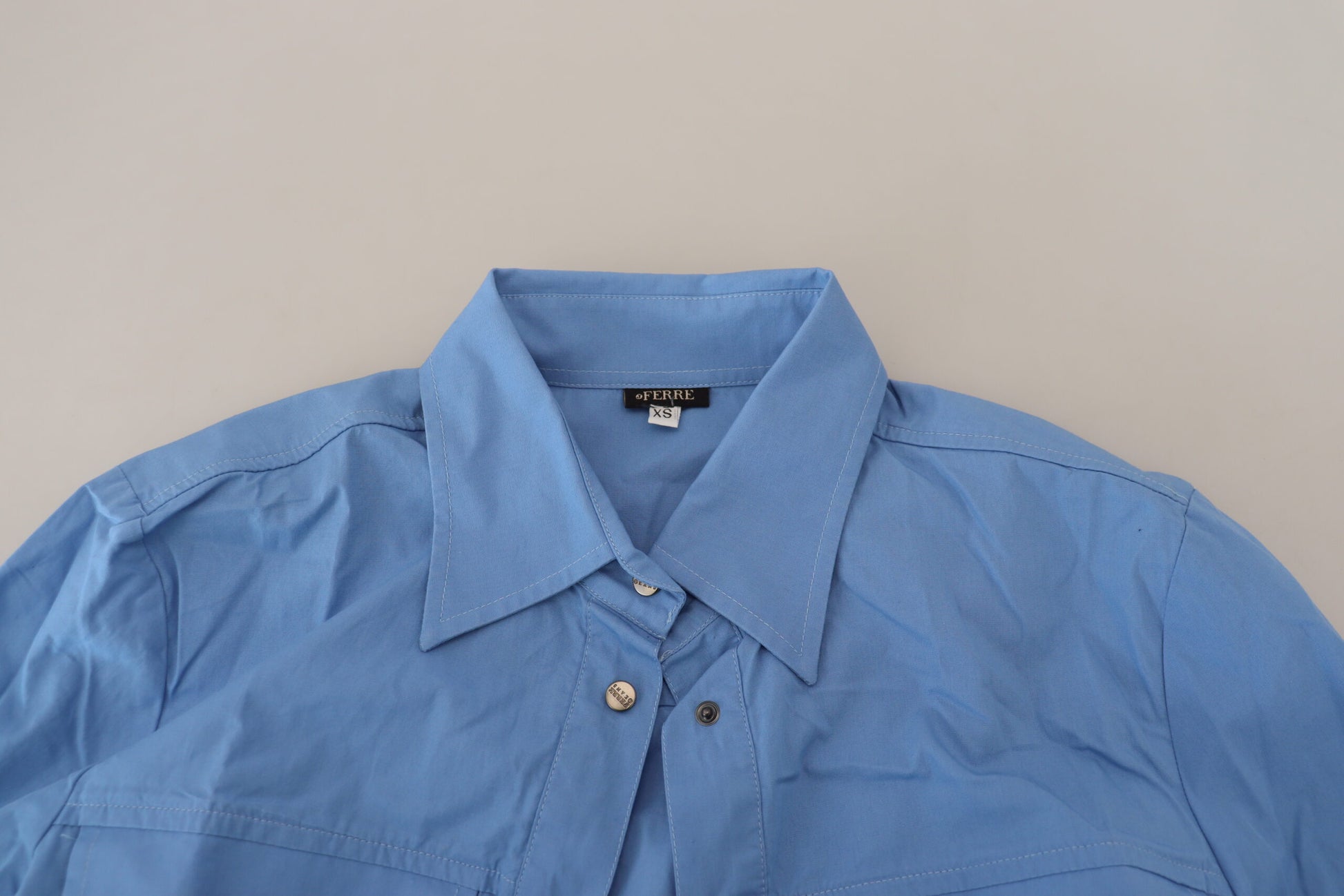 Ferre Blue Cotton Long Sleeves Collared Button Down Top $559.00 Ferre Luzworld