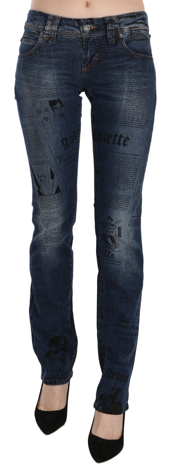 John Galliano Blue Newspaper Print Low Waist Skinny Denim Pants $791.00 John Galliano Luzworld