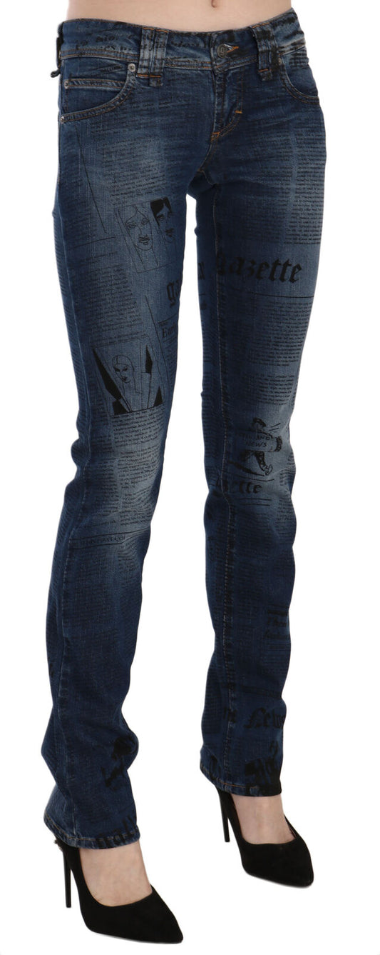 John Galliano Blue Newspaper Print Low Waist Skinny Denim Pants $791.00 John Galliano Luzworld
