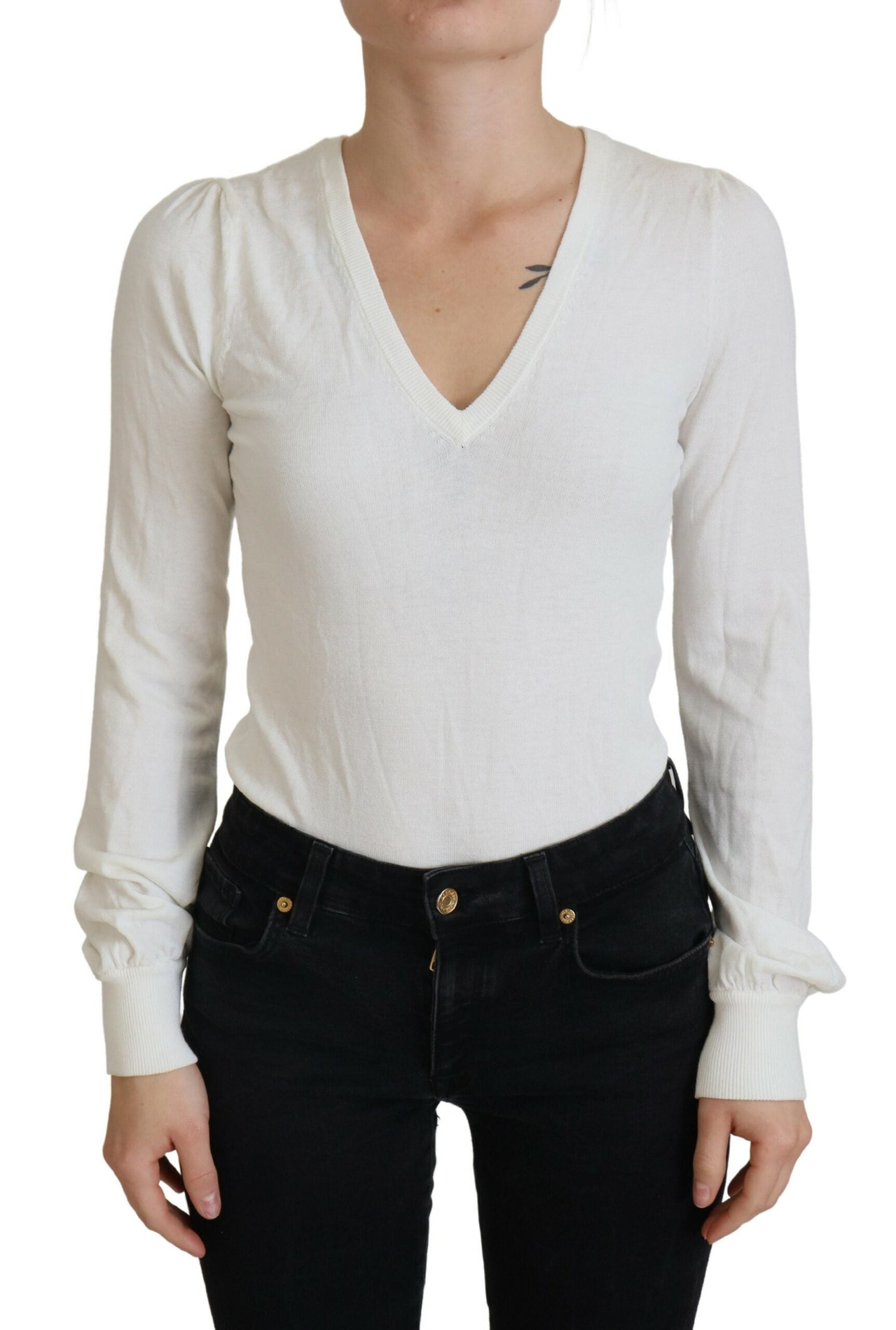 Patrizia Pepe Ivory V-Neck Long Sleeves Women Blouse Top $501.00 Patrizia Pepe Luzworld
