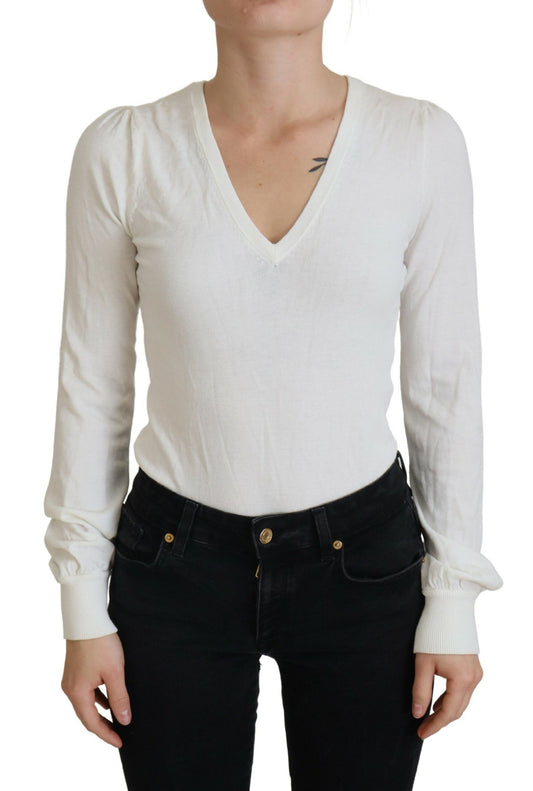 Patrizia Pepe Ivory V-Neck Long Sleeves Women Blouse Top $501.00 Patrizia Pepe Luzworld