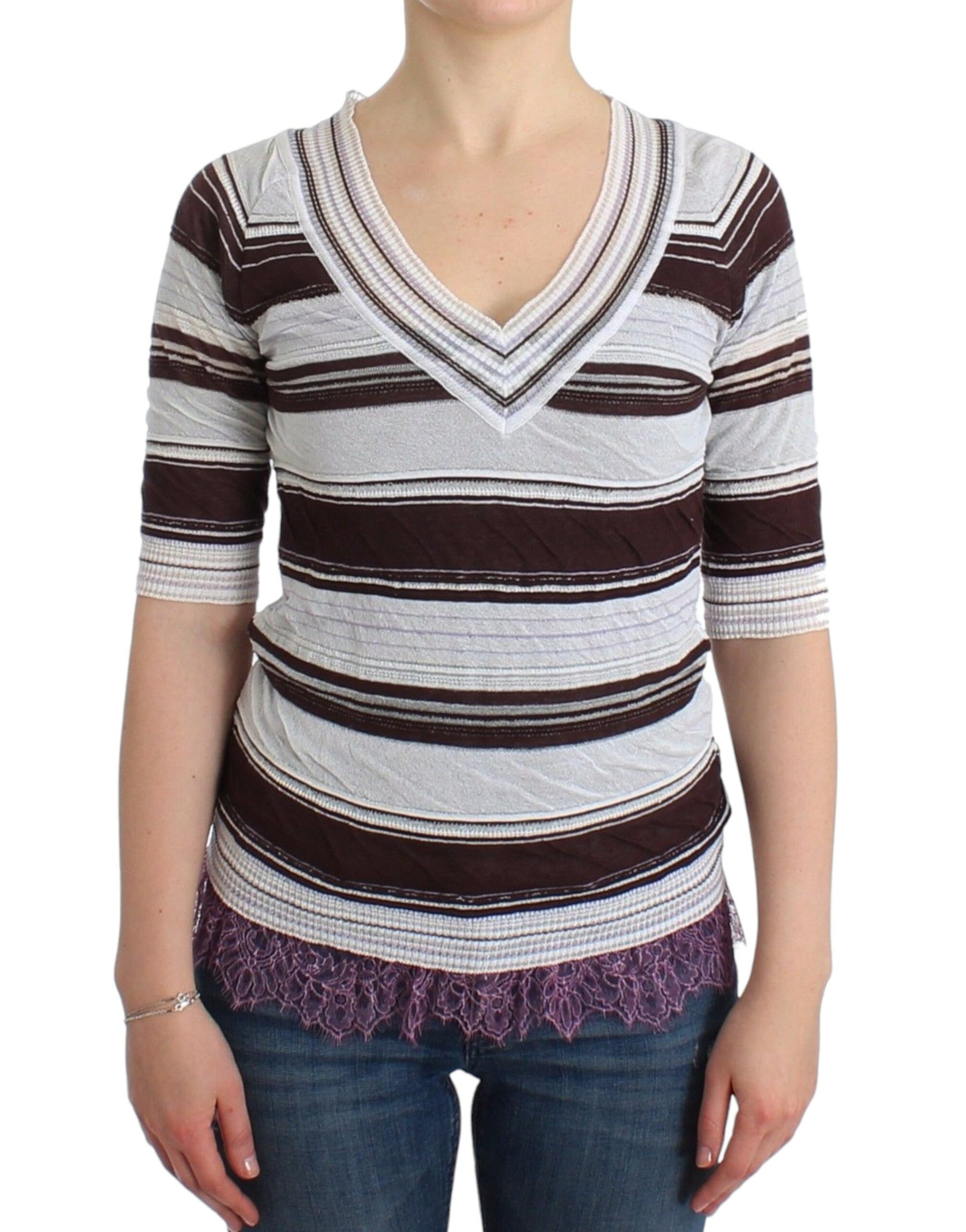 Ermanno Scervino Striped Lace V-Neck Short Sleeve Top Sweater $616.00 Ermanno Scervino Luzworld