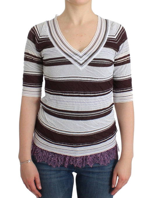 Ermanno Scervino Striped Lace V-Neck Short Sleeve Top Sweater $616.00 Ermanno Scervino Luzworld