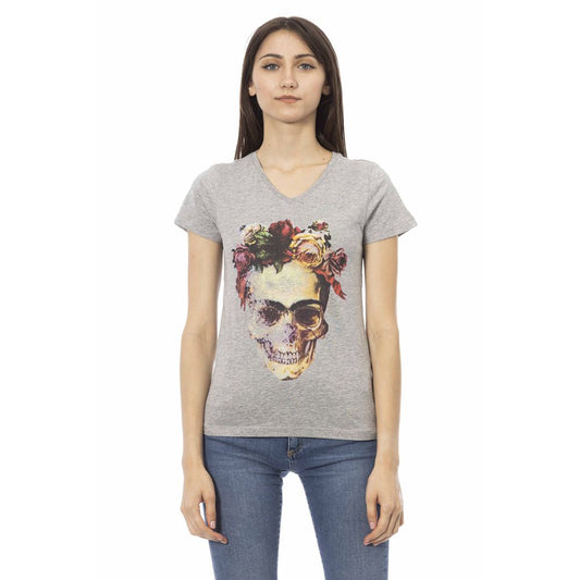 Trussardi Action Gray Cotton Women V-Neck Top $131.00 Trussardi Action Luzworld