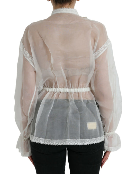 Dolce & Gabbana White Silk Long Sleeves Ascot Collar Top