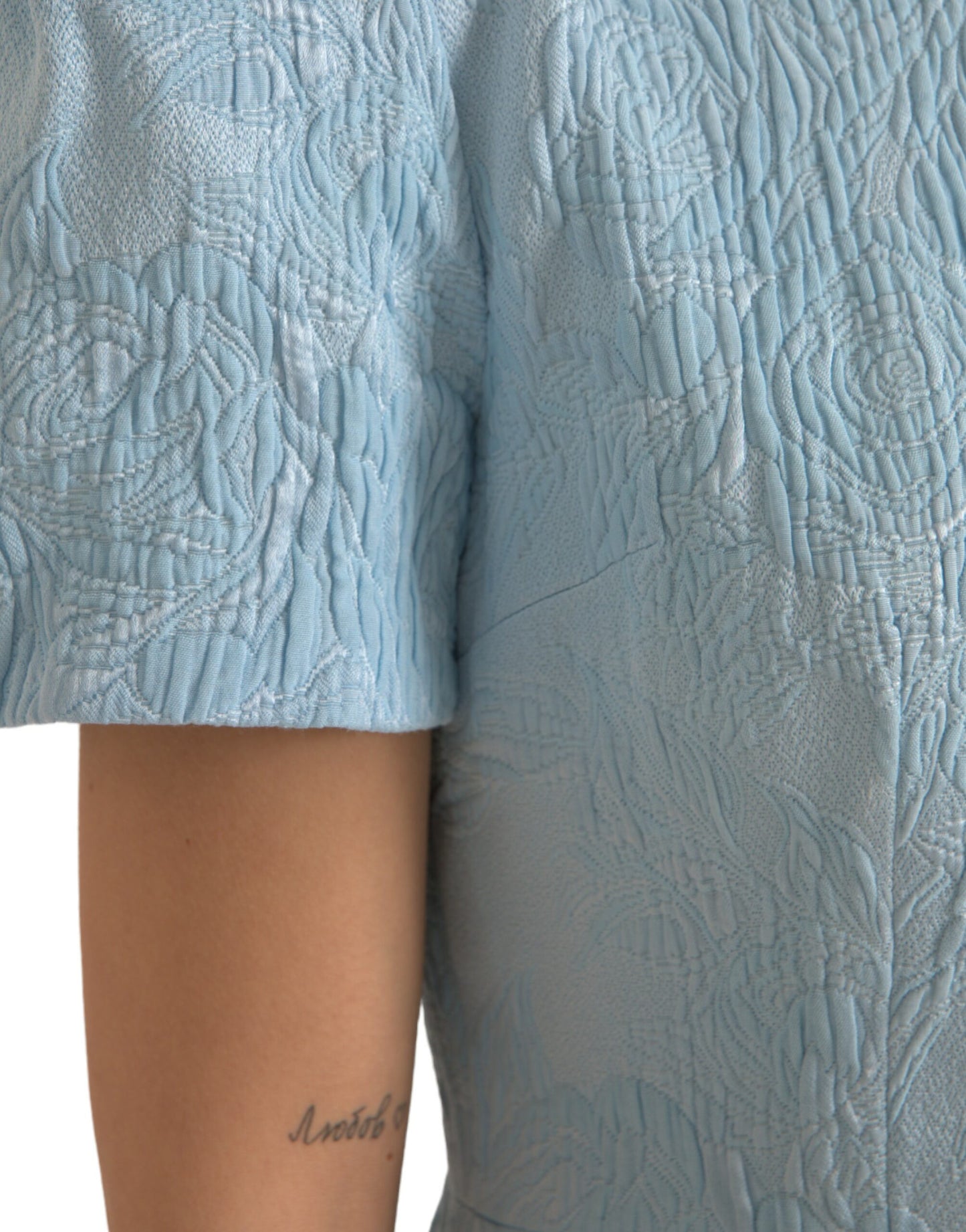 Dolce & Gabbana Light Blue Floral Jacquard Puff Sleeve Mini Dress