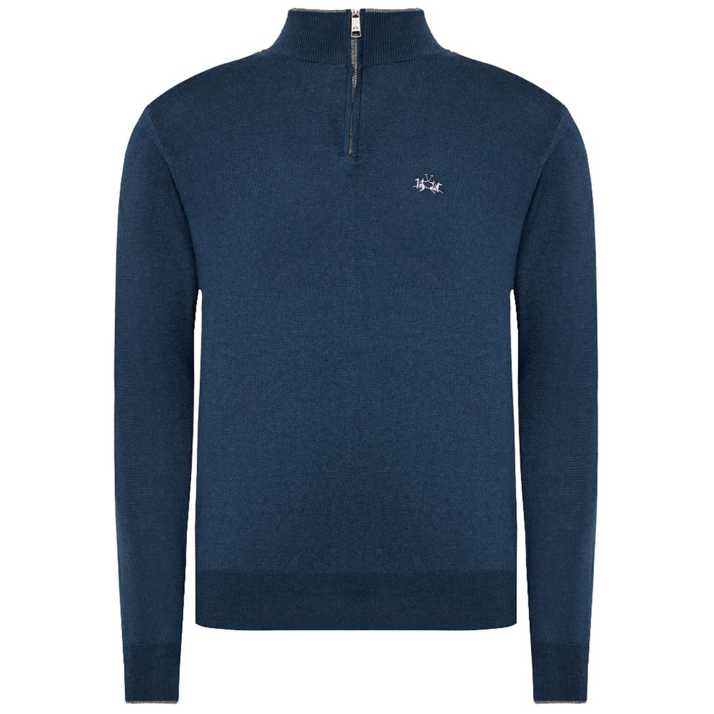 La Martina Blue Wool Men Sweater with Half Zip Closure $242.00 La Martina Luzworld