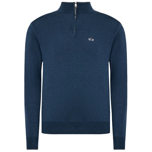 La Martina Blue Wool Men Sweater with Half Zip Closure $242.00 La Martina Luzworld