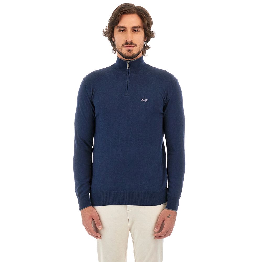 La Martina Blue Wool Men Sweater with Half Zip Closure $242.00 La Martina Luzworld