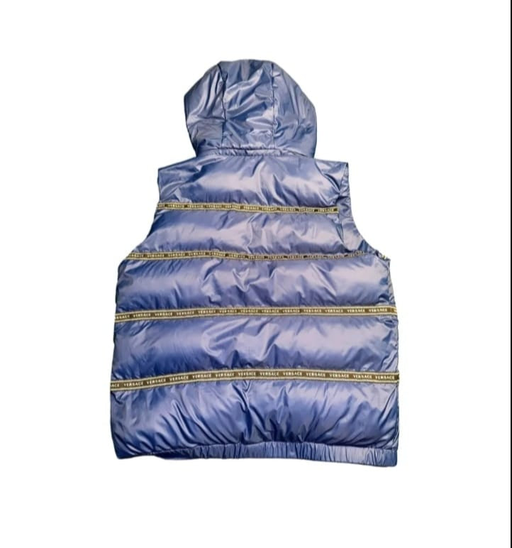 Blue puffer vest with yellow accents on a white background