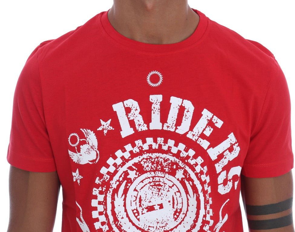 Frankie Morello Red Cotton RIDERS Crewneck T-Shirt $182.00 Frankie Morello Luzworld