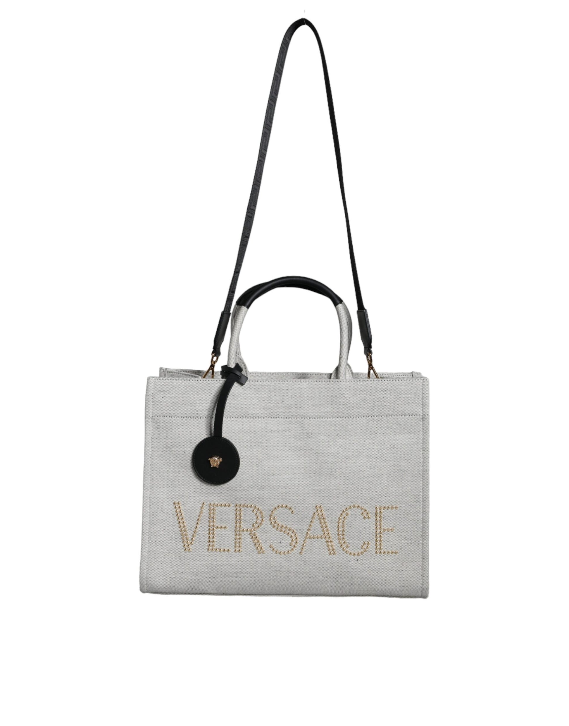 Versace White Top Handle Canvas Leather Logo Crossbody Tote Bag $2692.00 Versace Luzworld