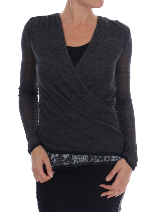 Ermanno Scervino Gray Wool Lace Top Long Sleeved T-shirt $584.00 Ermanno Scervino Luzworld