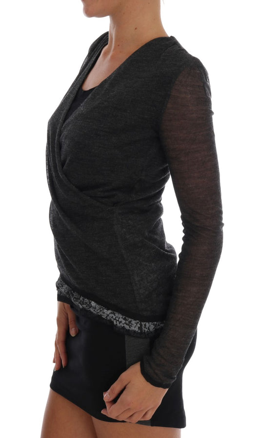 Ermanno Scervino Gray Wool Lace Top Long Sleeved T-shirt $584.00 Ermanno Scervino Luzworld