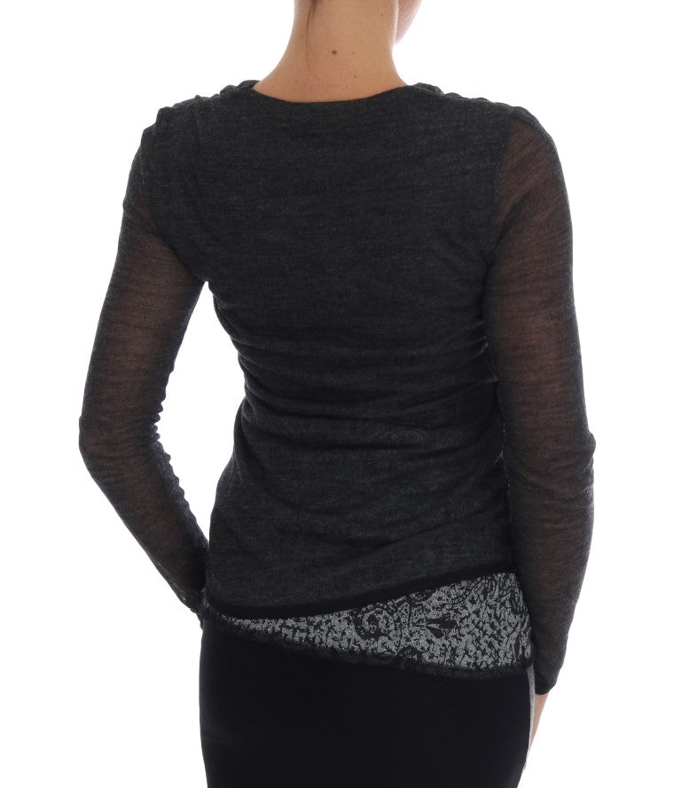Ermanno Scervino Gray Wool Lace Top Long Sleeved T-shirt $584.00 Ermanno Scervino Luzworld