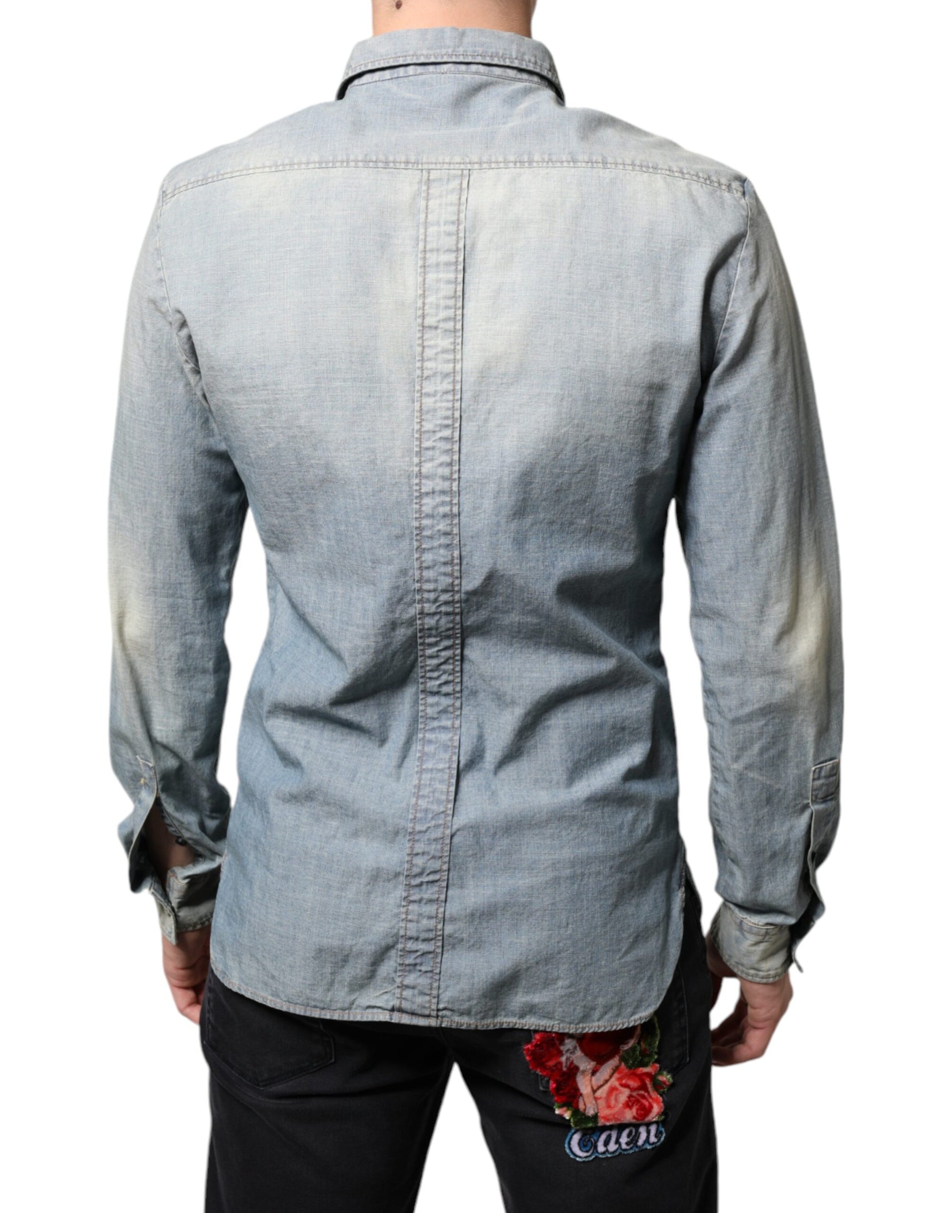 John Galliano Light Blue Printed Cotton Denim Long Sleeves Shirt $700.00 John Galliano Luzworld