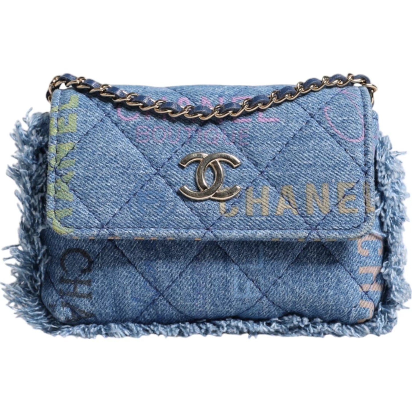 Chanel Denim Mood Flap Micro Logo Printed Fringed Shoulder Bag $8376.00 Chanel Luzworld