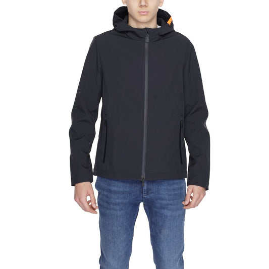 Person wearing a black hooded jacket on a white background