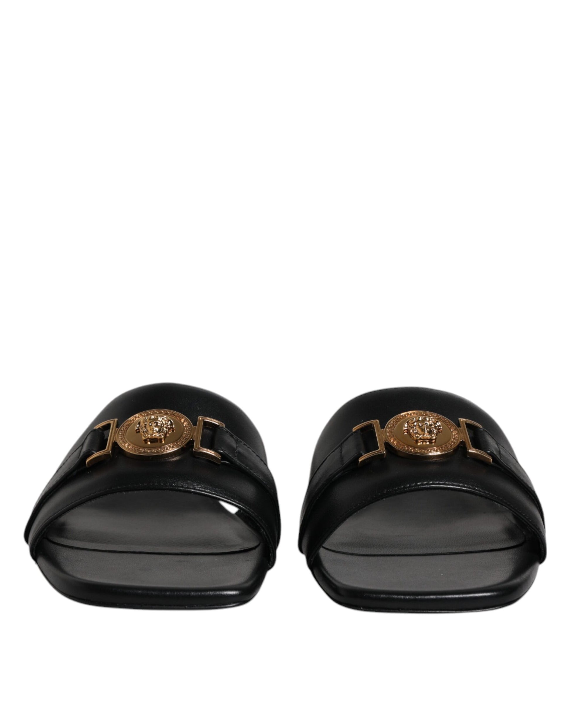 Versace Black Leather Logo Plaque Slip On Slides Flats Shoes $1501.00 Versace Luzworld