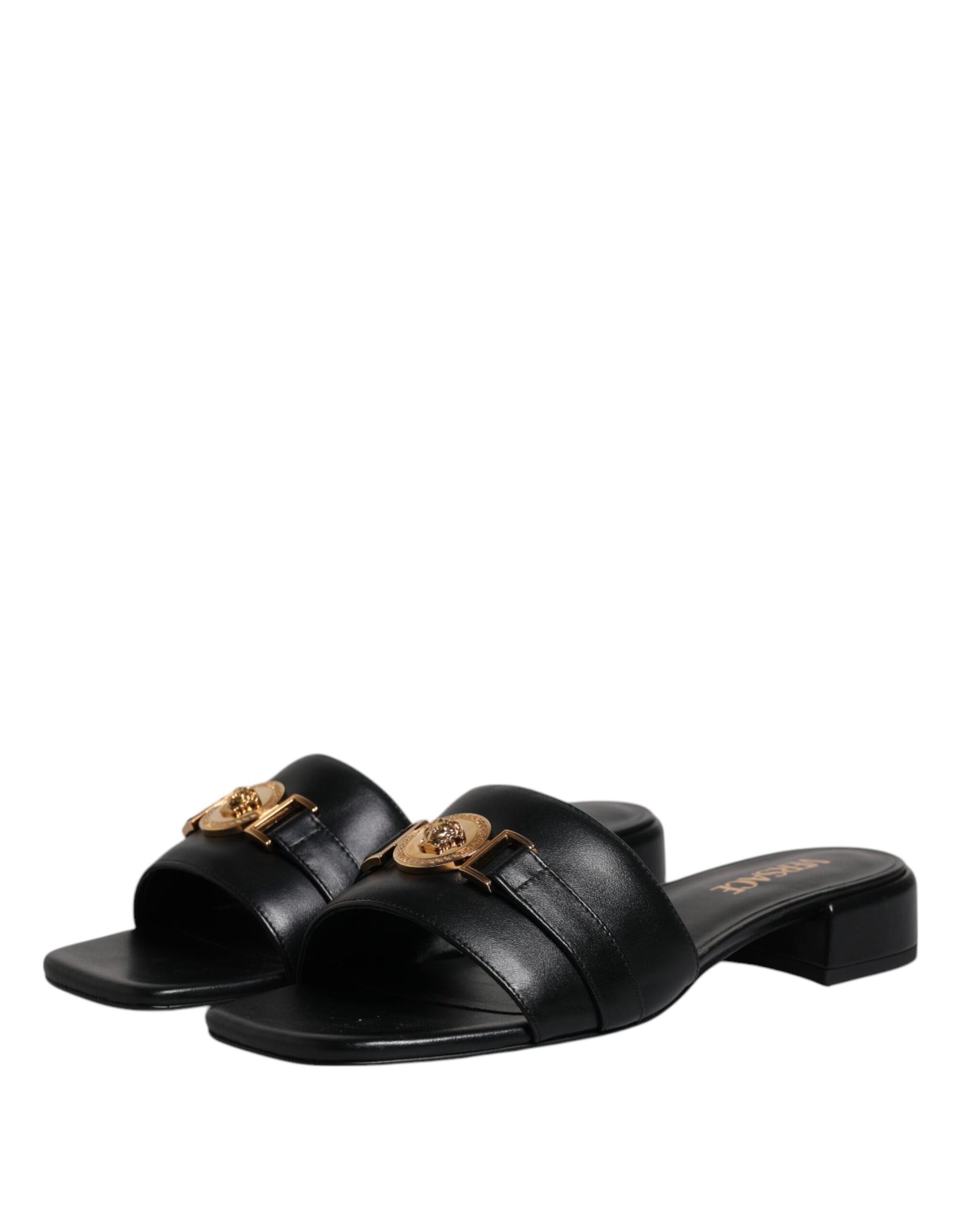 Versace Black Leather Logo Plaque Slip On Slides Flats Shoes $1501.00 Versace Luzworld