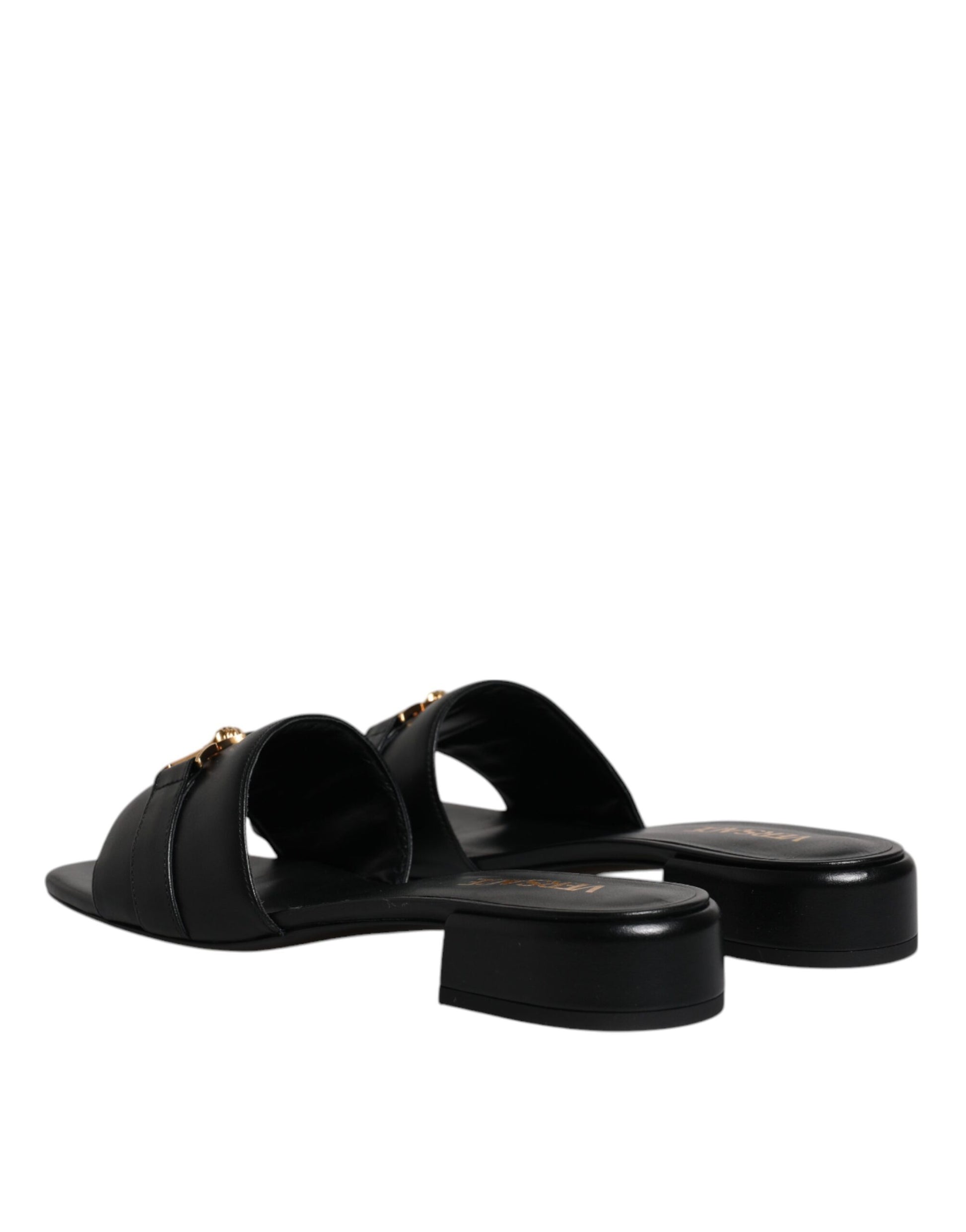 Versace Black Leather Logo Plaque Slip On Slides Flats Shoes $1501.00 Versace Luzworld