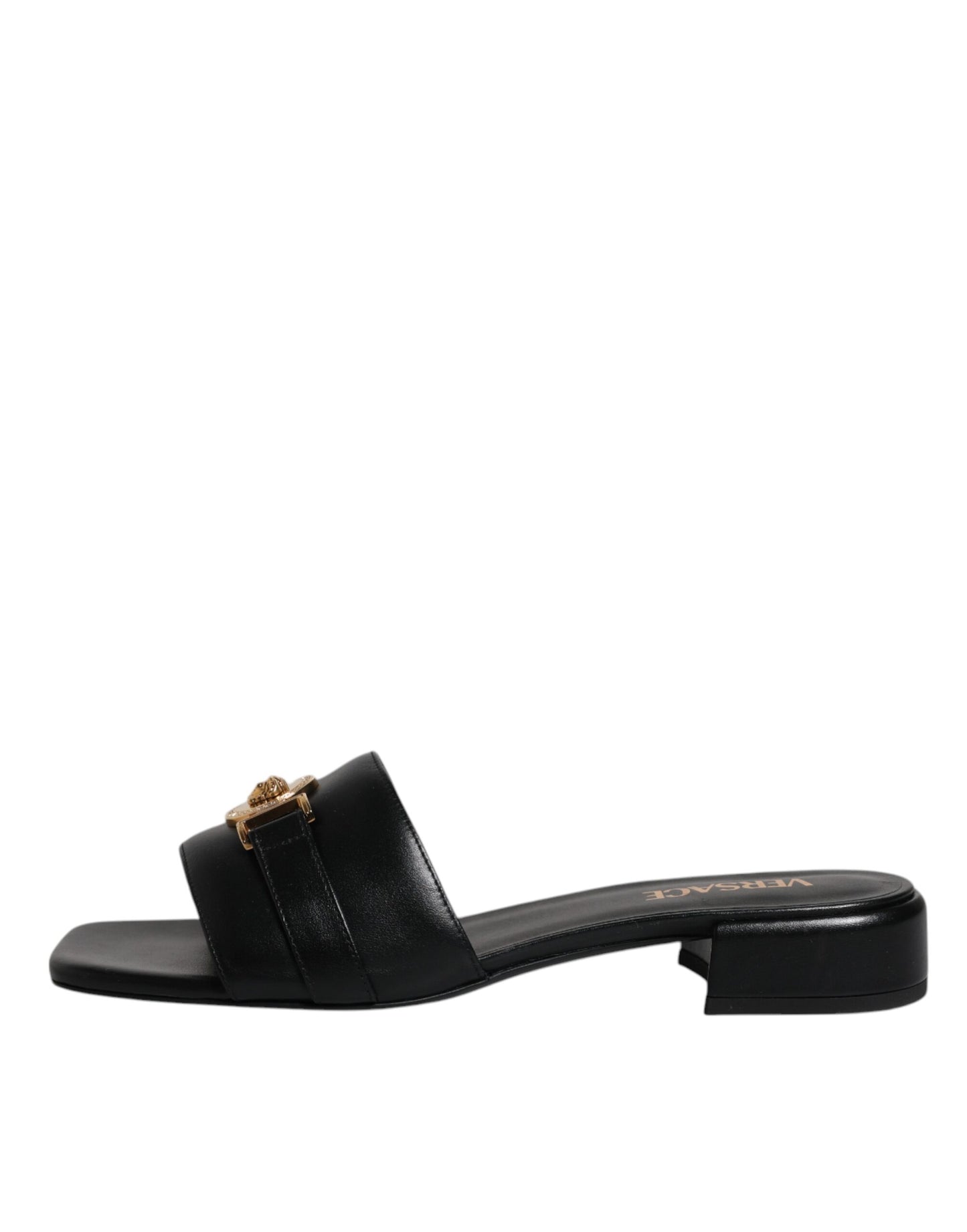 Versace Black Leather Logo Plaque Slip On Slides Flats Shoes $1501.00 Versace Luzworld