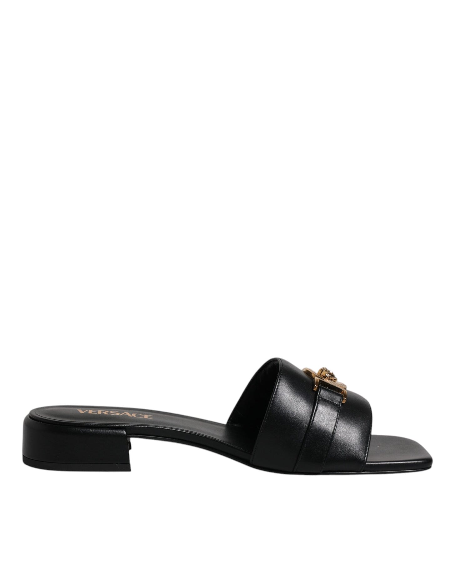 Versace Black Leather Logo Plaque Slip On Slides Flats Shoes $1501.00 Versace Luzworld