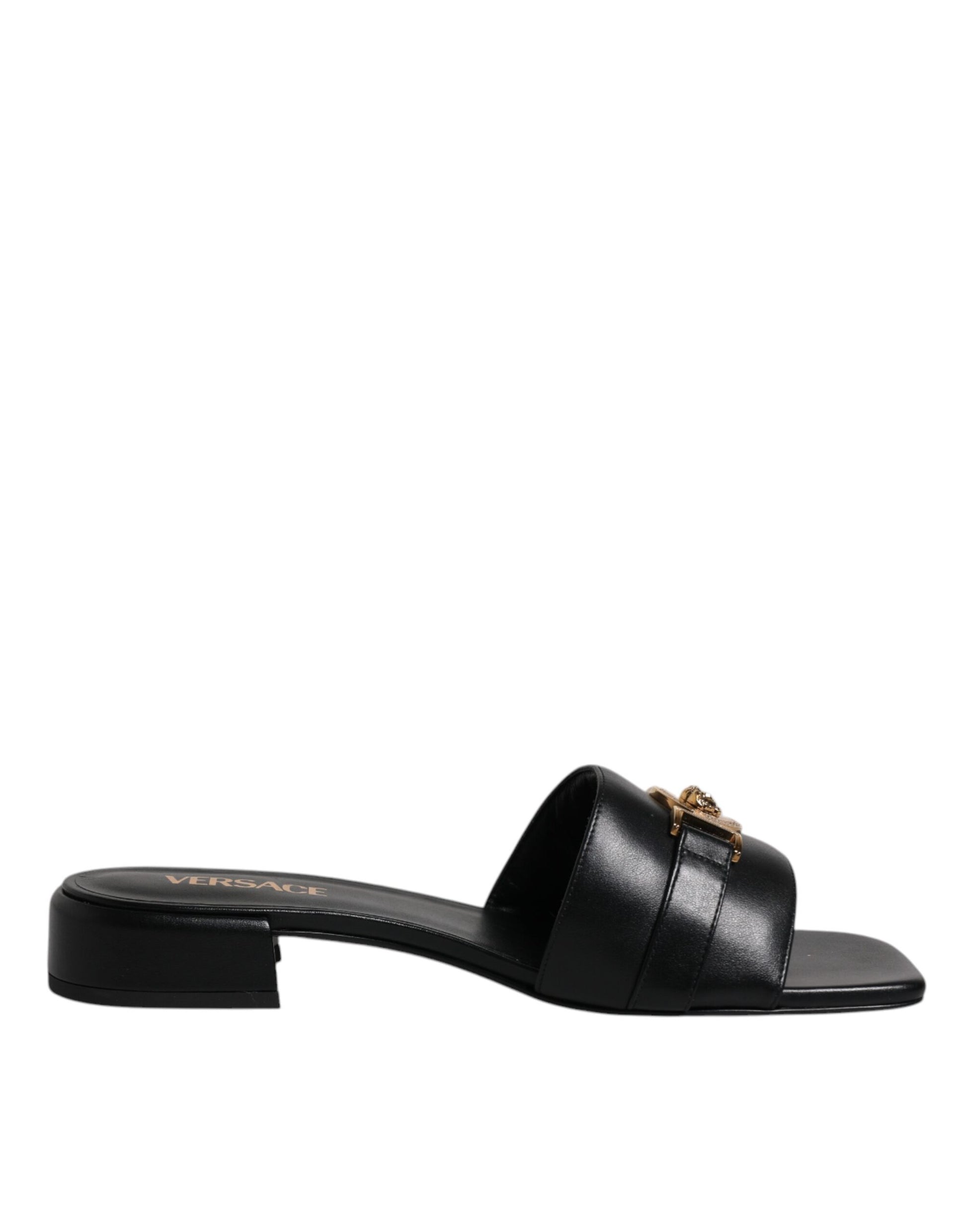 Versace Black Leather Logo Plaque Slip On Slides Flats Shoes $1501.00 Versace Luzworld